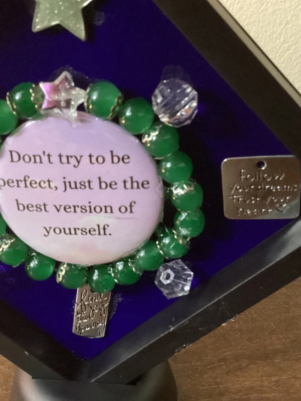 Handcrafted jewelry art Christmas encouragement red gold green supportive framed